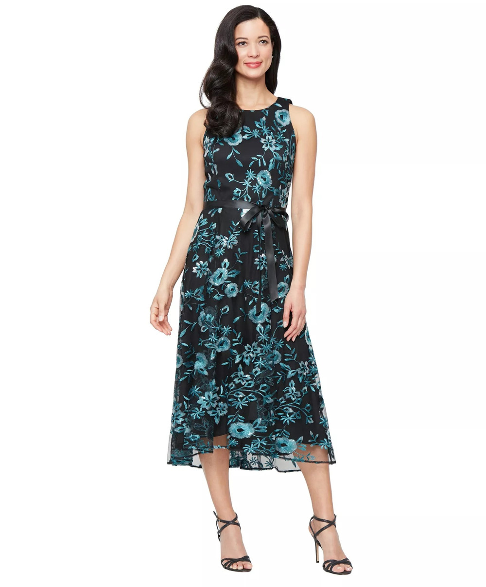 NEW Alex Evenings Midi Dress Teal Black Sequin Floral Tulle Embroidered 12